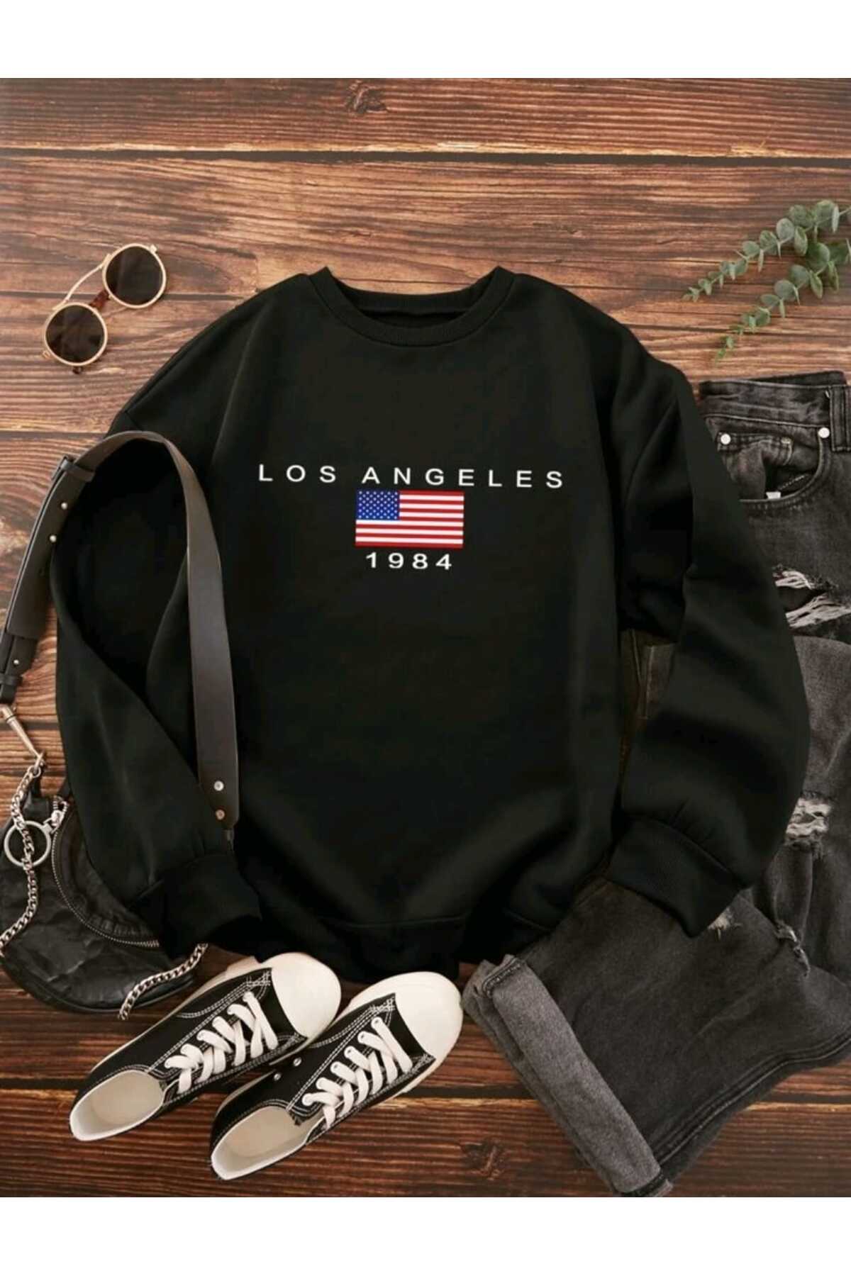 Unısex Siyah LOS ANGELES BASKILI Bisiklet Yaka Sweatshirt Hoodie