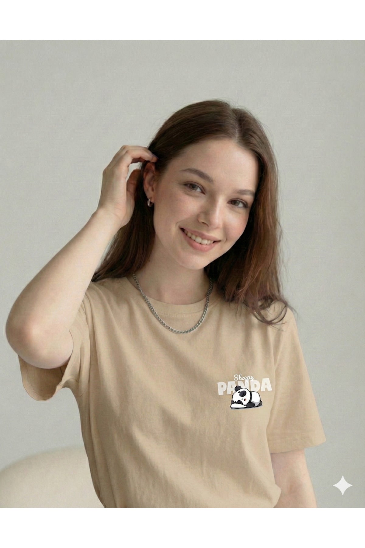 Sleepy Panda Baskılı Regular Kalıp Pamuklu Kadın Tshirt Tişört T-Shirt