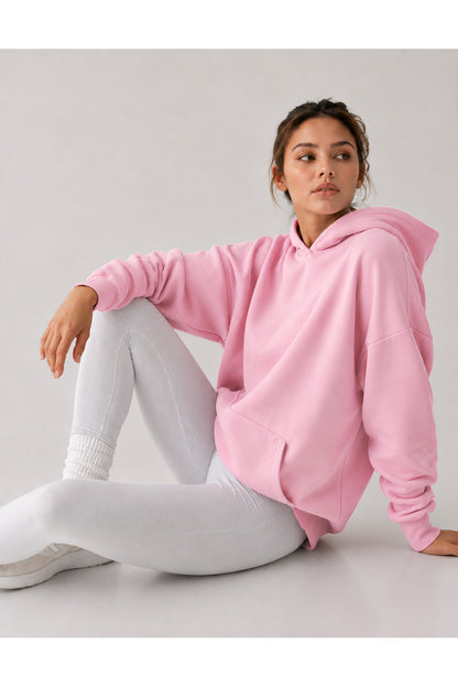 Düz Baskısız Üç İplik Kapüşonlu Kadın Sweatshirt