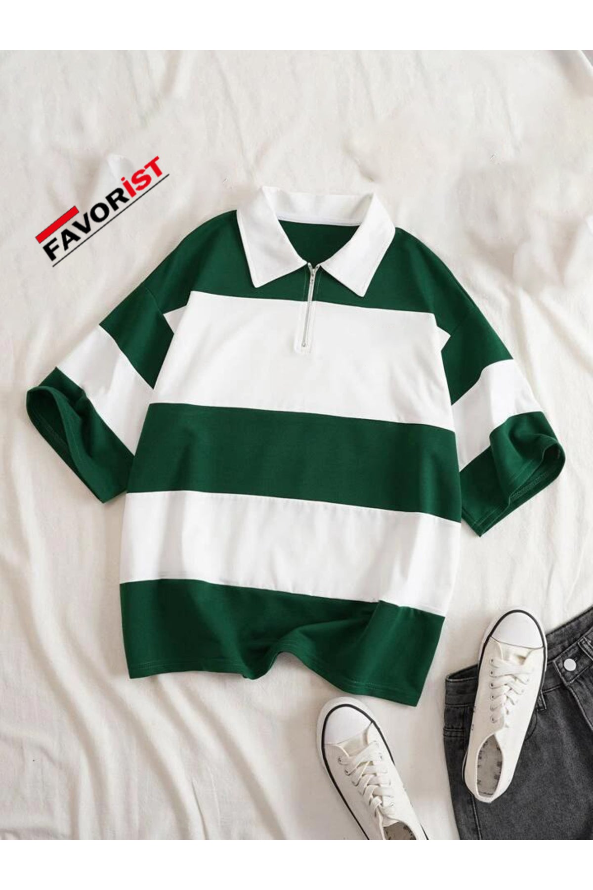 Unisex Multi Renk Düz Çizgili Fermuarlı Polo Yaka Oversize T-shirt