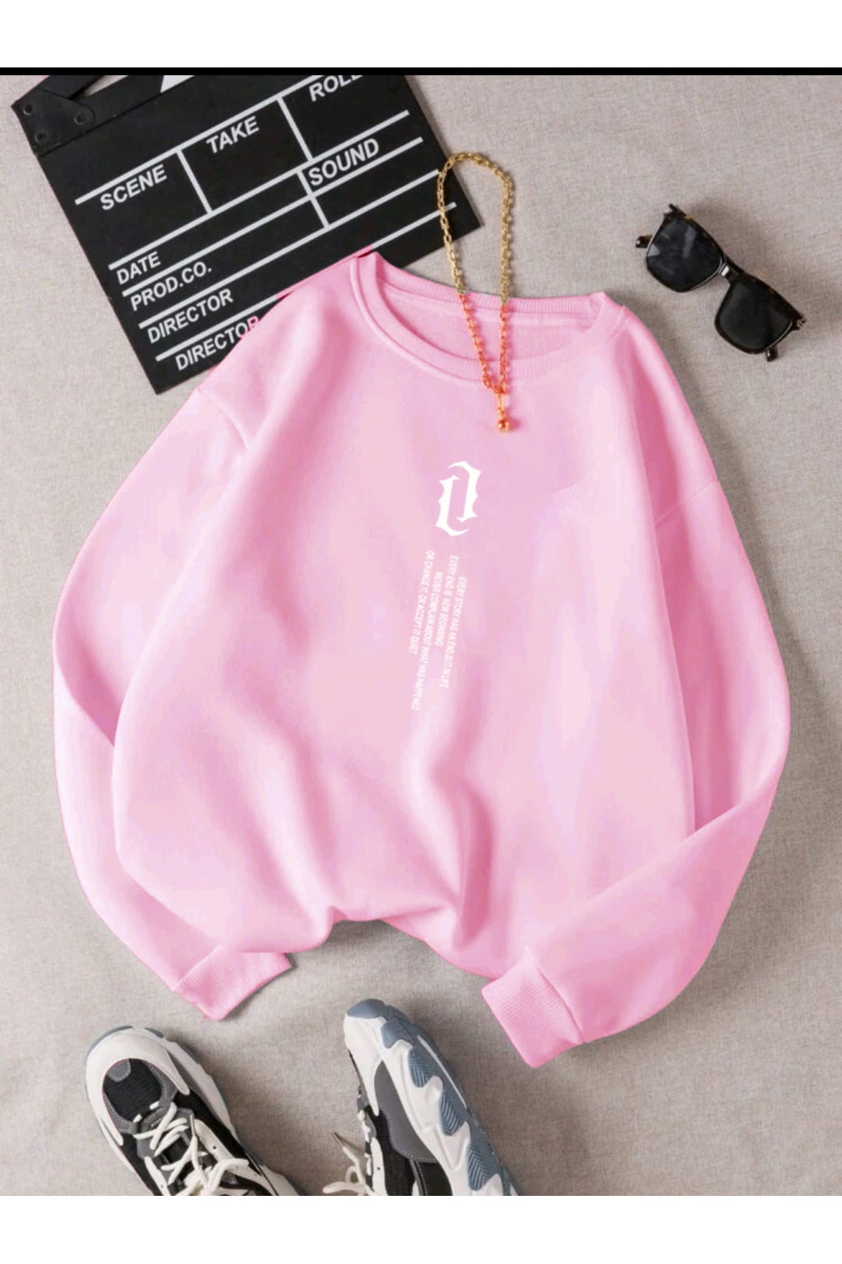 UNISEX Dikey Yazı Baskılı Bisiklet Yaka OVERSIZE Sweatshirt