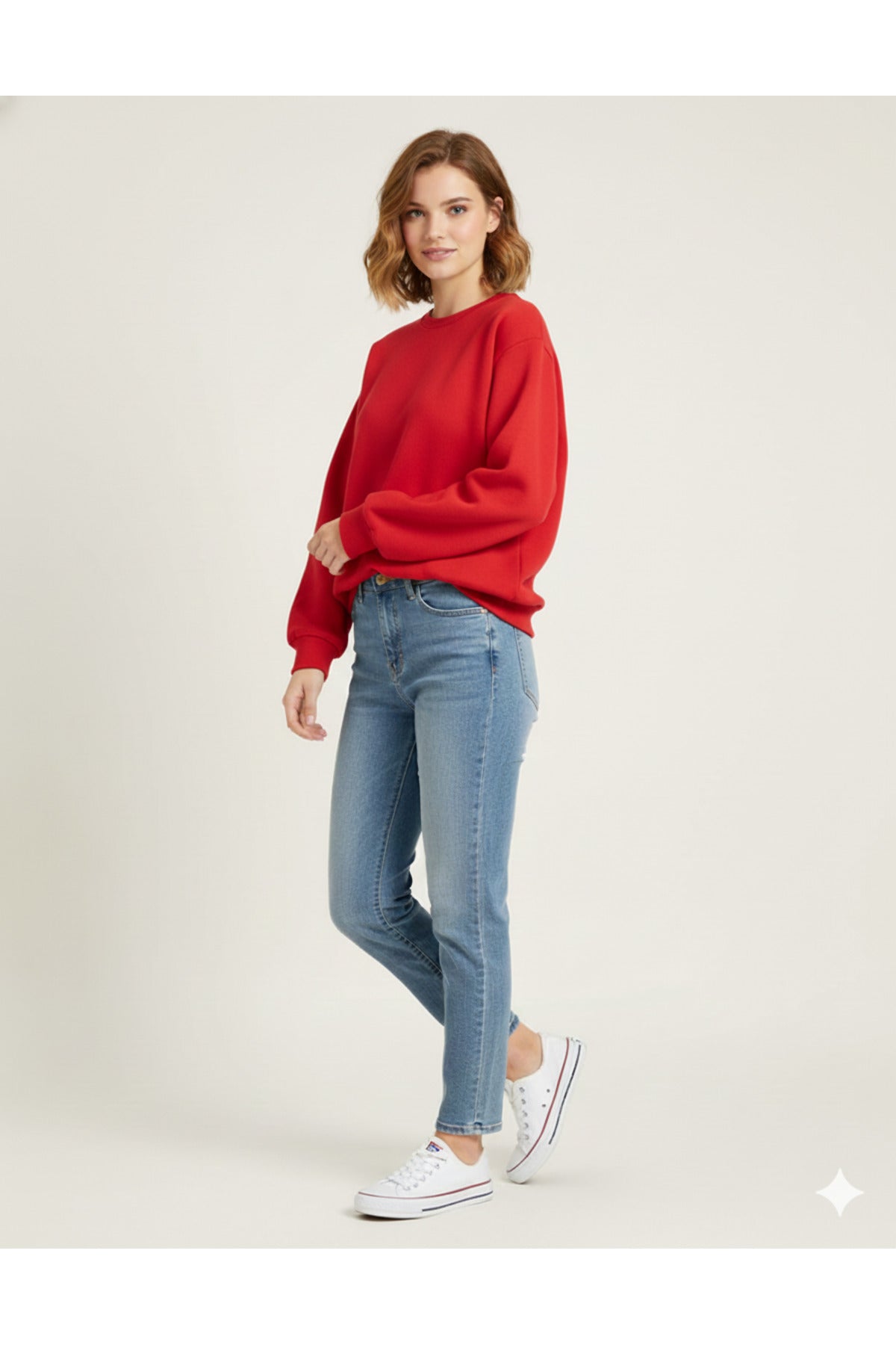 Basic Düz Baskısız Kadın Bisiklet Yaka Sweatshirt