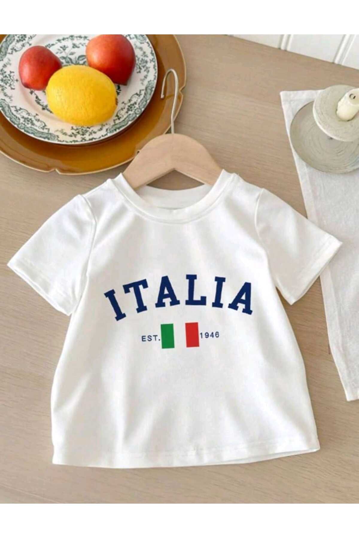 Çocuk ITALY Baskılı Bisiklet Yaka Pamuklu T-shirt
