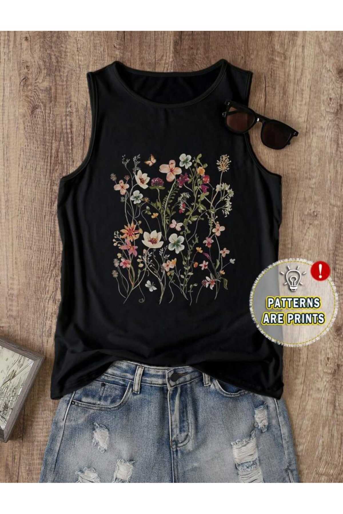 FLOWERS Desenli Kadın Pamuklu Omuzu Açık (Kolsuz) Yazlık T-shirt