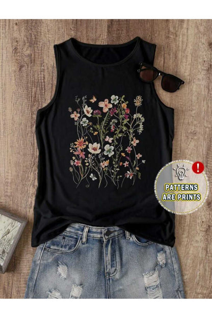 FLOWERS Desenli Kadın Pamuklu Omuzu Açık (Kolsuz) Yazlık T-shirt