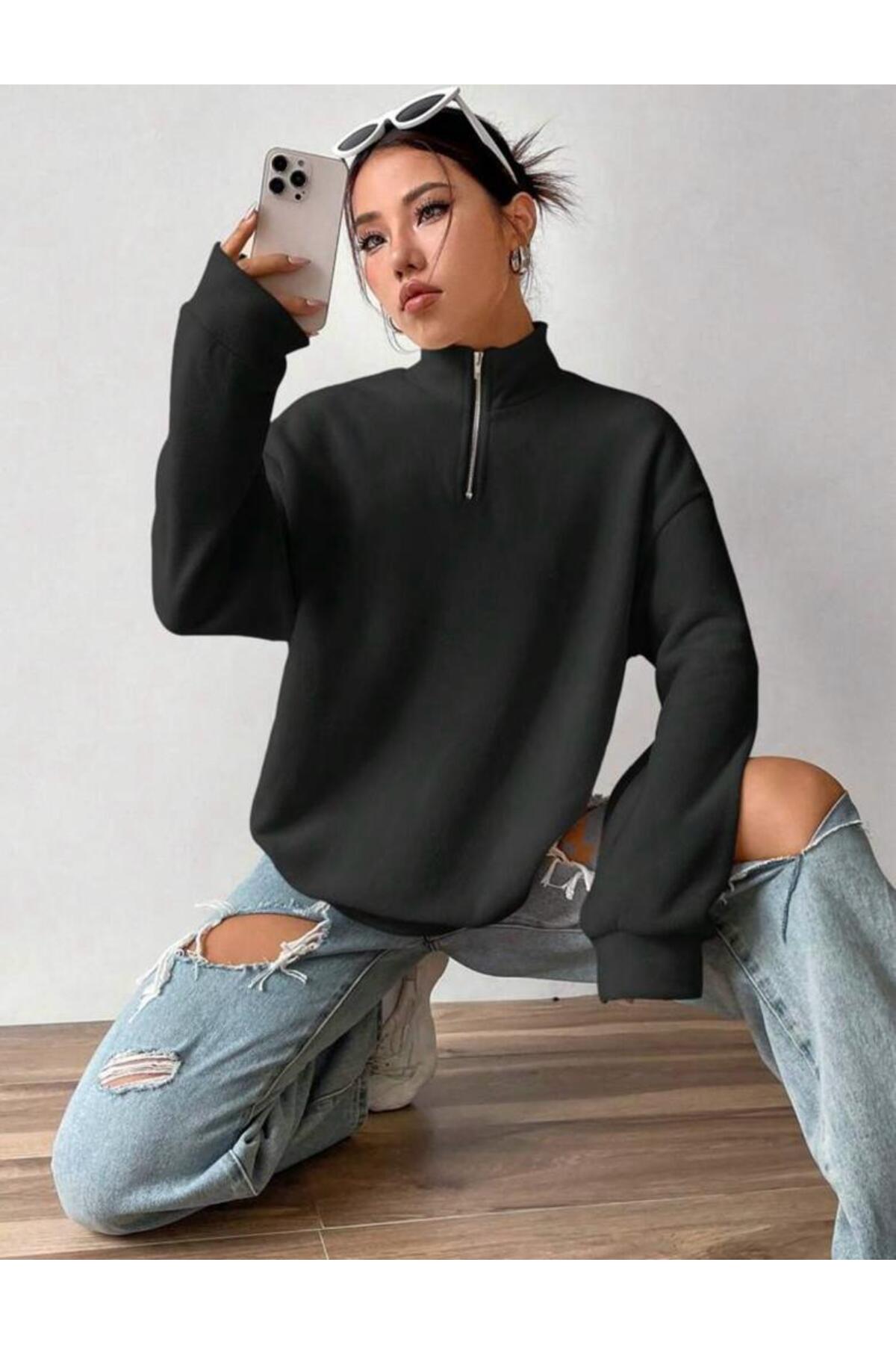 Siyah Dik Yaka Yarım Fermuarlı Düz Kazak Sweatshirt