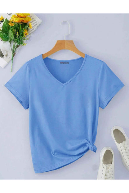 V Yaka (düz Desensiz) Basic Giy Çık Pamuklu Tshirt