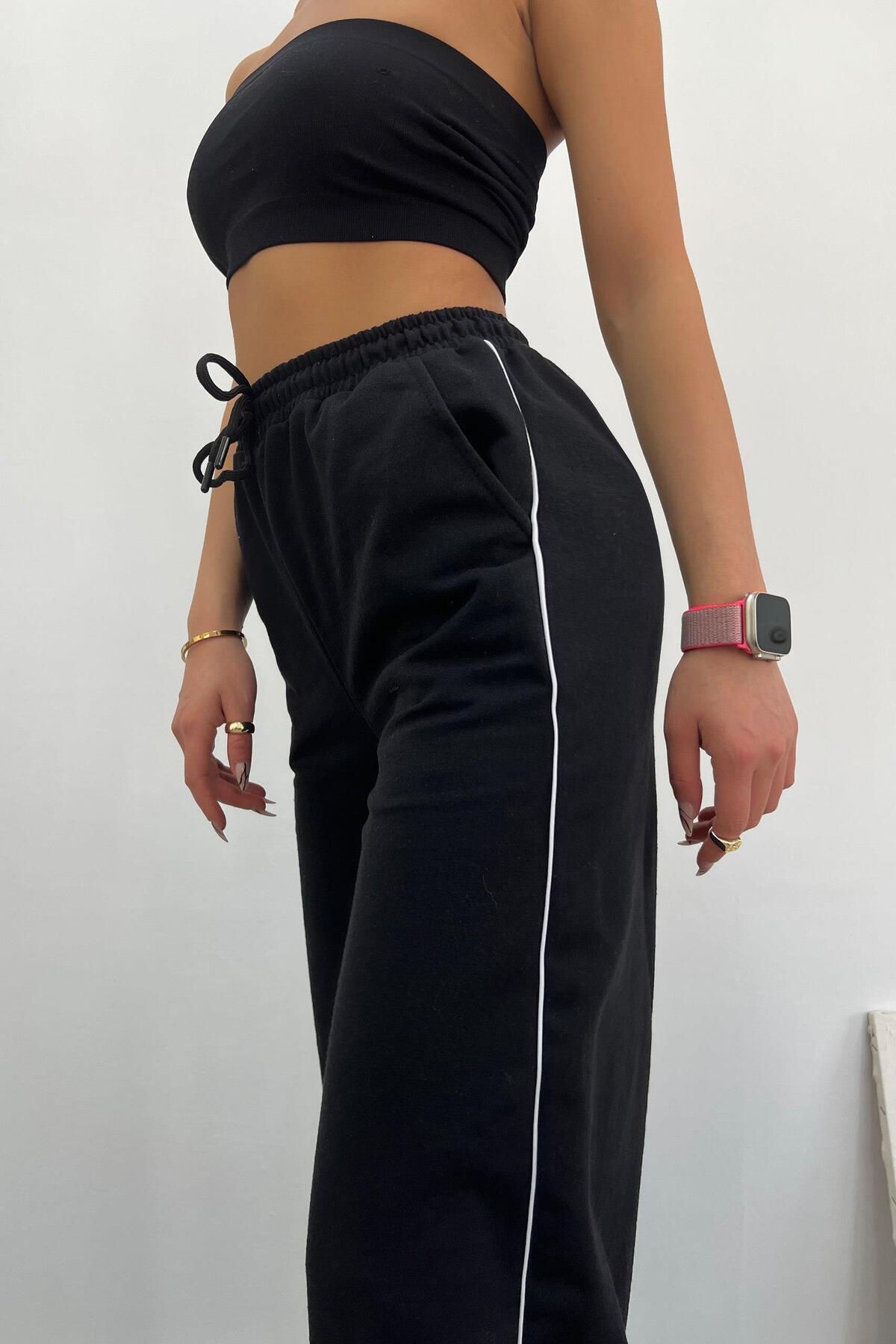 Siyah Yan Biye Bol Eşofman Altı Unisex