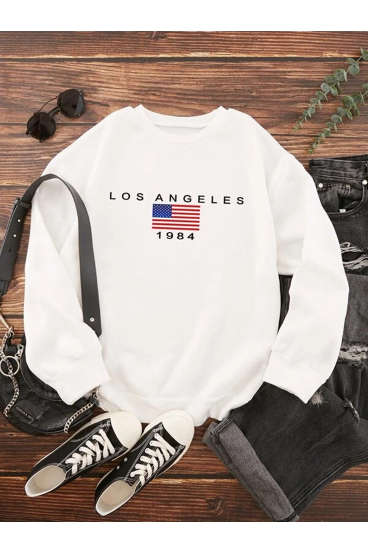 Unısex Beyaz Los Angeles Baskılı Bisiklet Yaka Sweatshirt Hoodie