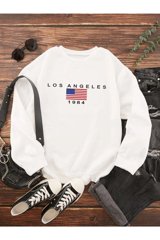 Unısex Beyaz Los Angeles Baskılı Bisiklet Yaka Sweatshirt Hoodie