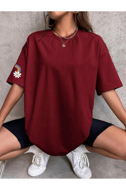 Gökkuşağı ve Papatya Baskılı Pamuklu Oversize Tshirt