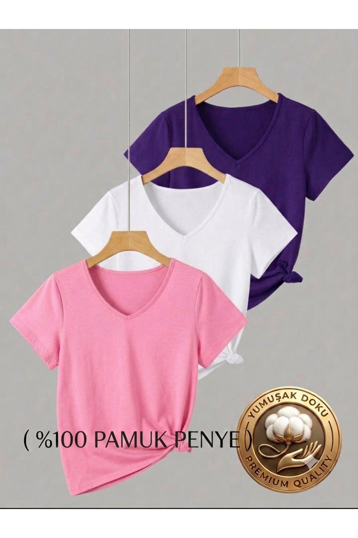 3 ADET V YAKA REGULAR KALIP KADIN TSHİRT ( %100 PAMUK )
