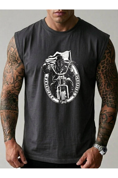 AMERİKAN MOTORCU Baskılı Erkek Sıfır Kol Kolsuz Sporcu Atlet Tshirt
