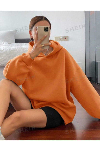 Kapüşonlu Düz Baskısız Giy Çık Oversize Kalıp Sweatshirt