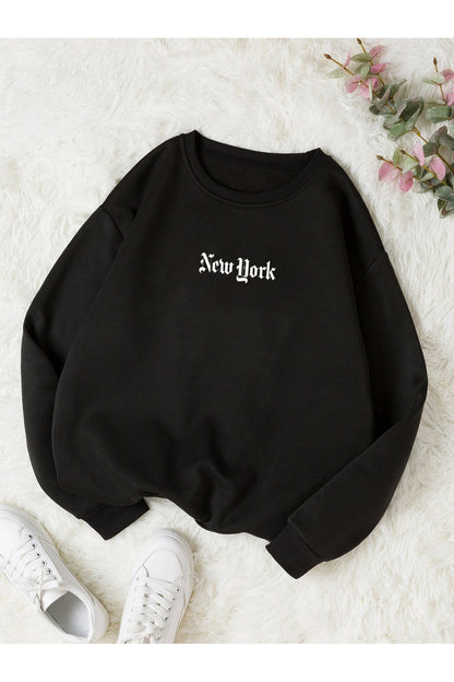 NEW YORK SLOGAN Baskılı Bisiklet Yaka OVERSIZE Sweatshirt