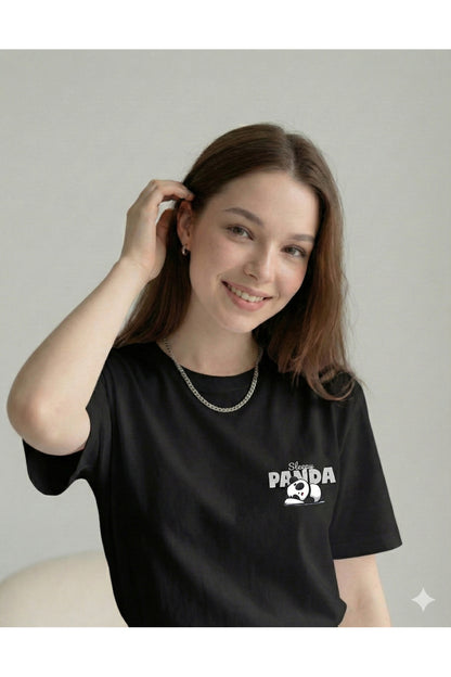 Sleepy Panda Baskılı Regular Kalıp Pamuklu Kadın Tshirt Tişört T-Shirt