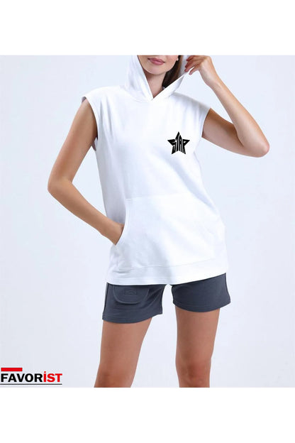 STAR Baskılı Unisex Sıfır Kol TSHİRT Kapşonlu Spor Giyim