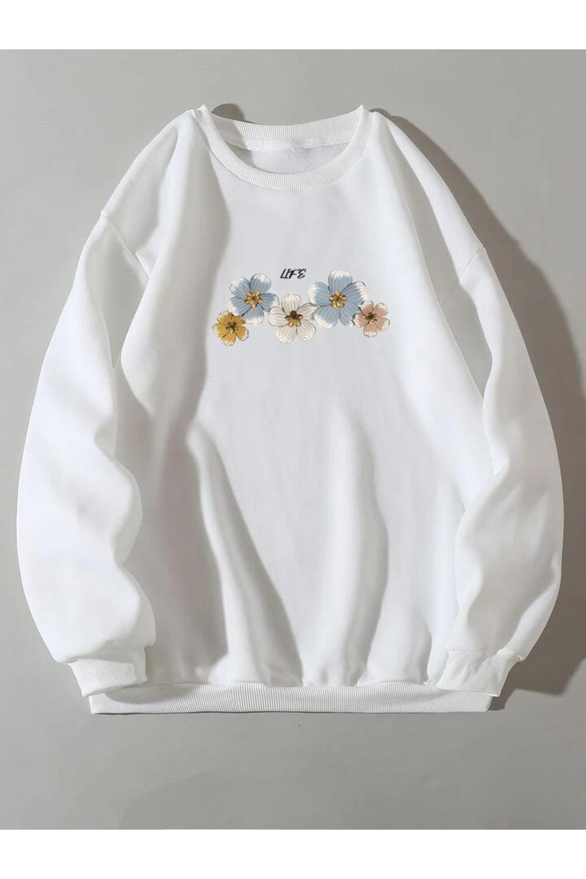 Life Menekşe Baskılı Bisiklet Yaka Sweatshirt