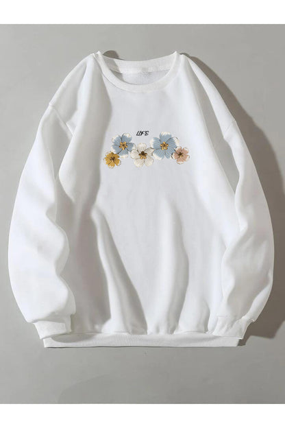 Life Menekşe Baskılı Bisiklet Yaka Sweatshirt