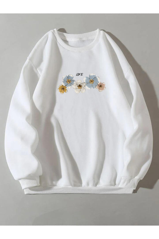 Life Menekşe Baskılı Bisiklet Yaka Sweatshirt