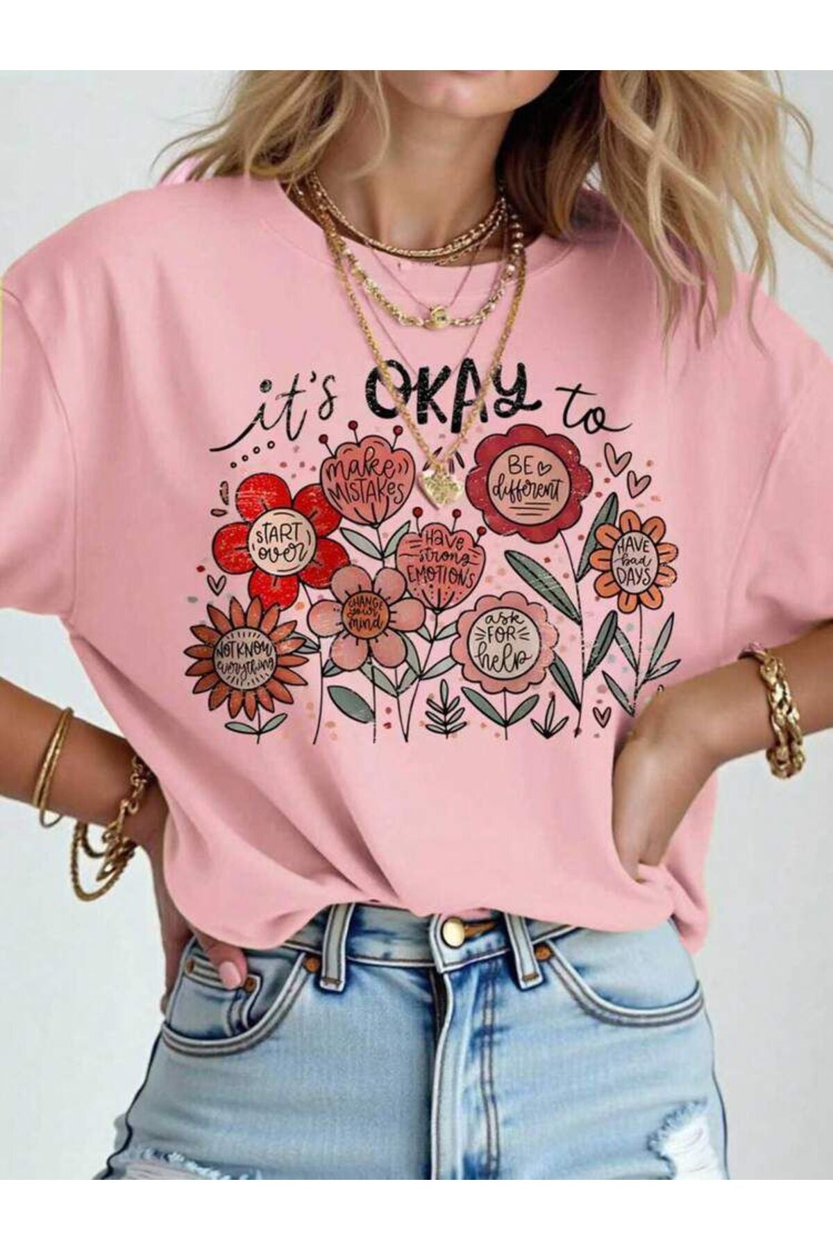 it's Okay To Çiçekler Kısa Kollu Pamuklu Tshirt