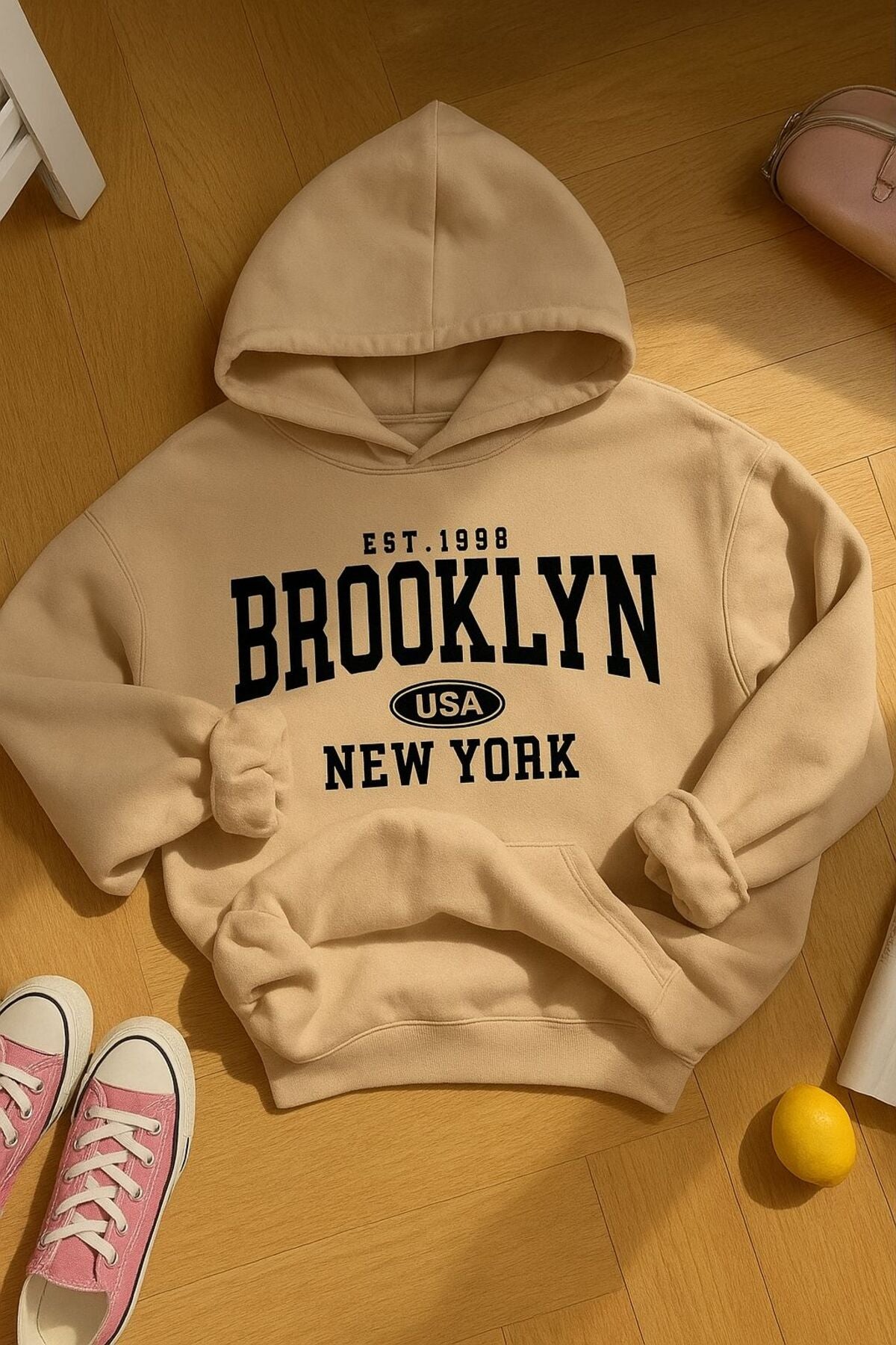 EST.1998 BROOKLYN Baskılı Oversize Kalıp KAPŞONLU Sweatshirt