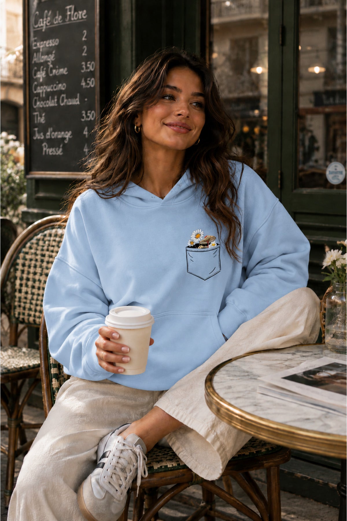Kadın Cep Çiçek Baskılı KAPÜŞONLU Oversize Sweatshirt (3 İPLİK)