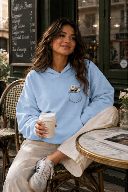 Kadın Cep Çiçek Baskılı KAPÜŞONLU Oversize Sweatshirt (3 İPLİK)