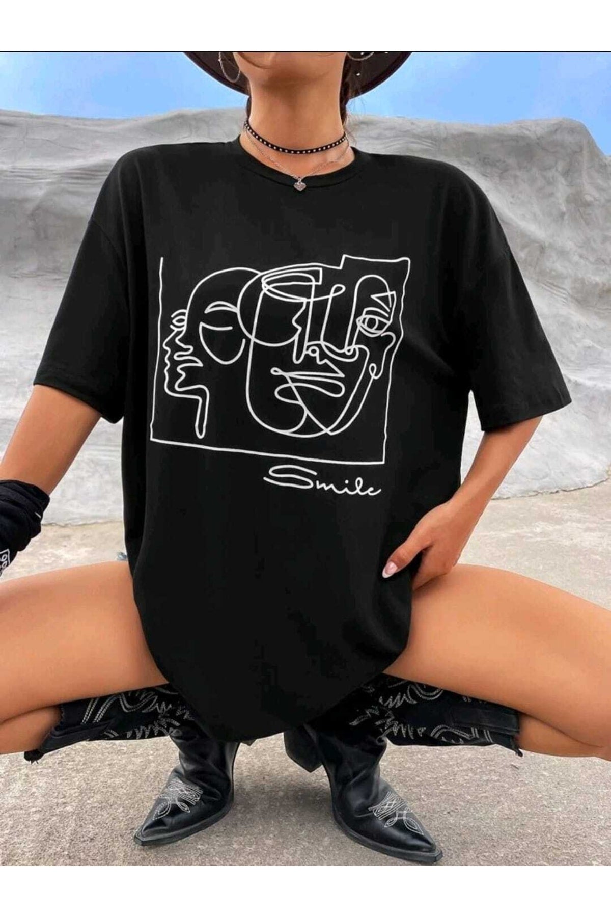 Lıne Face Baskılı Oversize ( Geniş Kalıp ) Bisiklet Yaka Pamuklu Tshirt