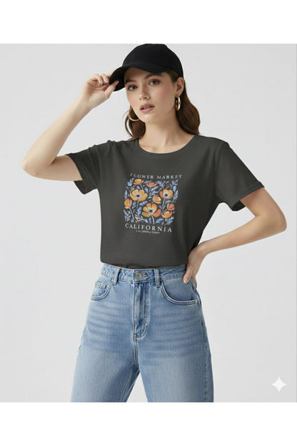 FLOWER MARKET California Baskılı Kadın Bisiklet Yaka Tshirt