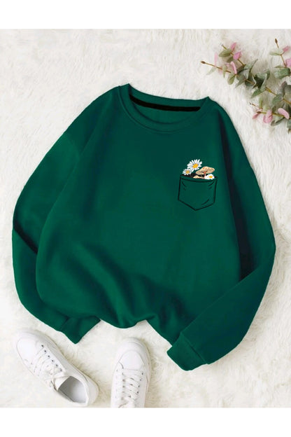 Çiçek Baskılı Bisiklet Yaka Pamuklu Sweatshirt