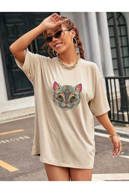 Oversize Kalıp Renkli Kedi Baskılı Unisex Tshirt