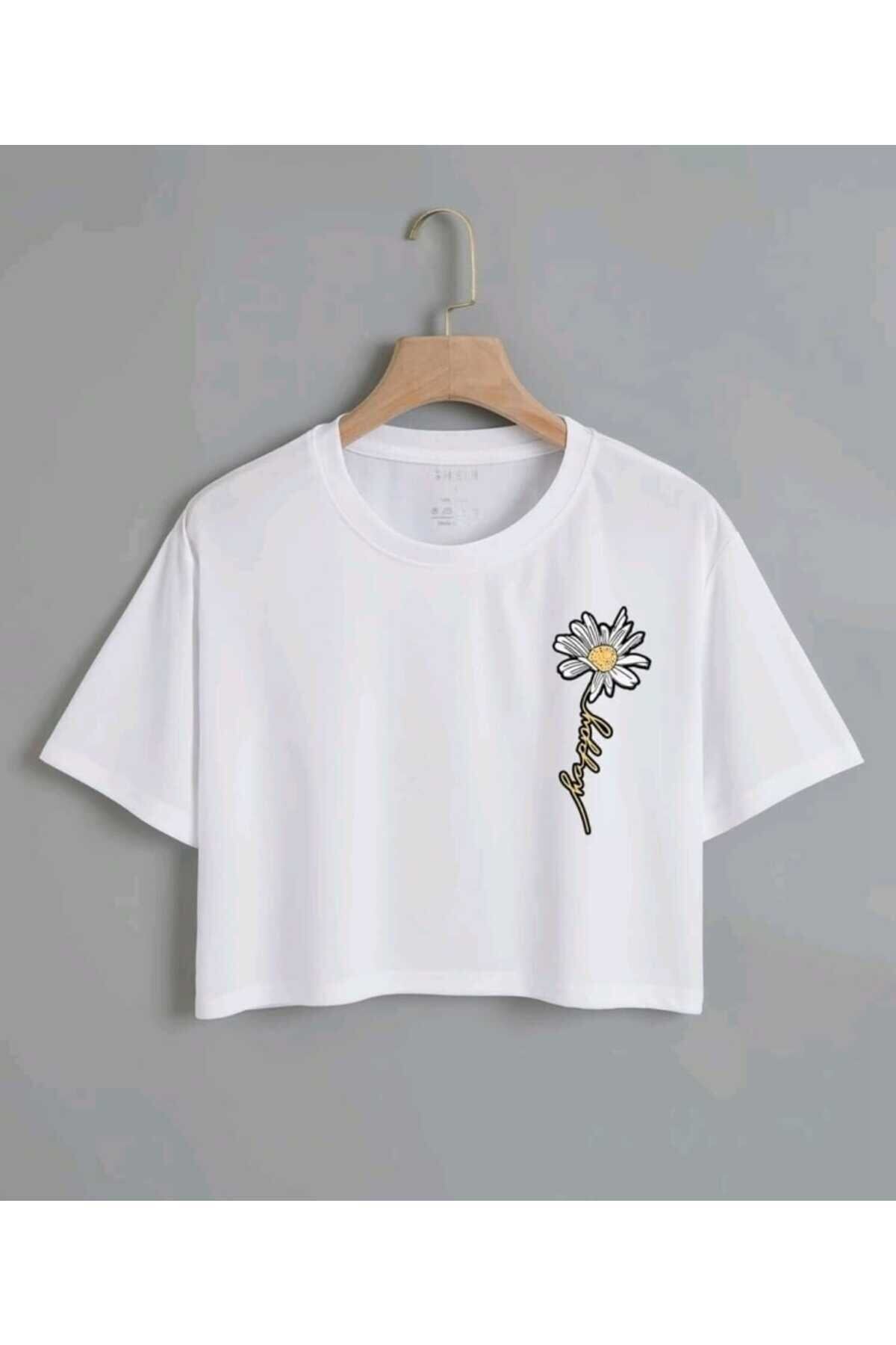 Happy Papatya Baskılı Kadın Oversize Crop T-shirt