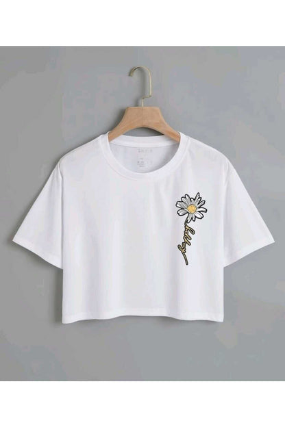 Happy Papatya Baskılı Kadın Oversize Crop T-shirt