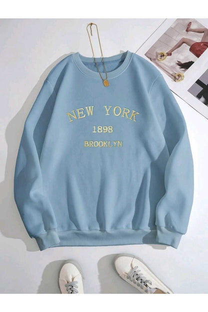 New York 1898 Baskılı Bisiklet Yaka Pamuklu Sweatshirt