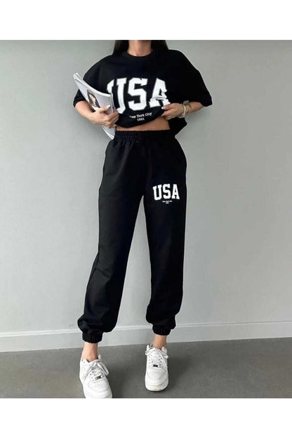 Kadın Usa Baskılı Kısa Kollu T-shirt Eşofman Takımı
