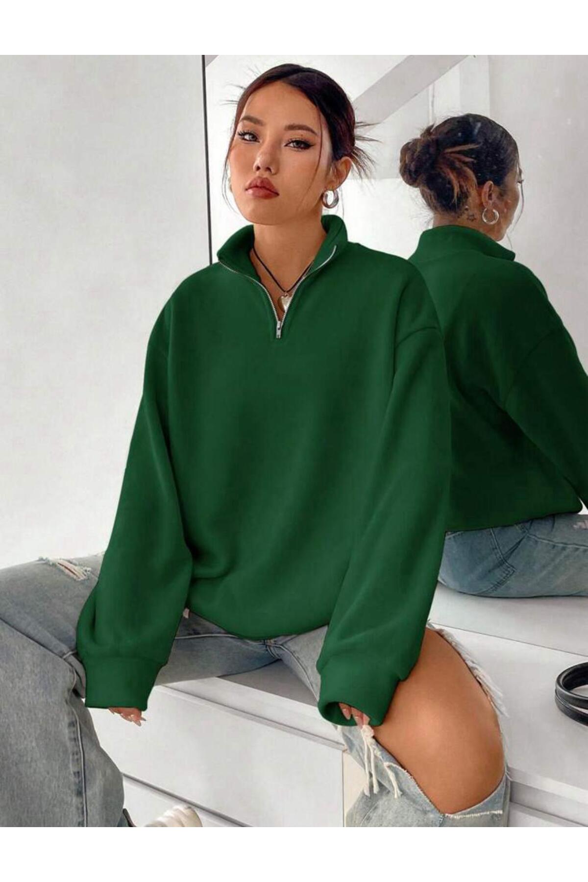 Dik Yaka Yarım Fermuarlı Düz Kazak Sweatshirt