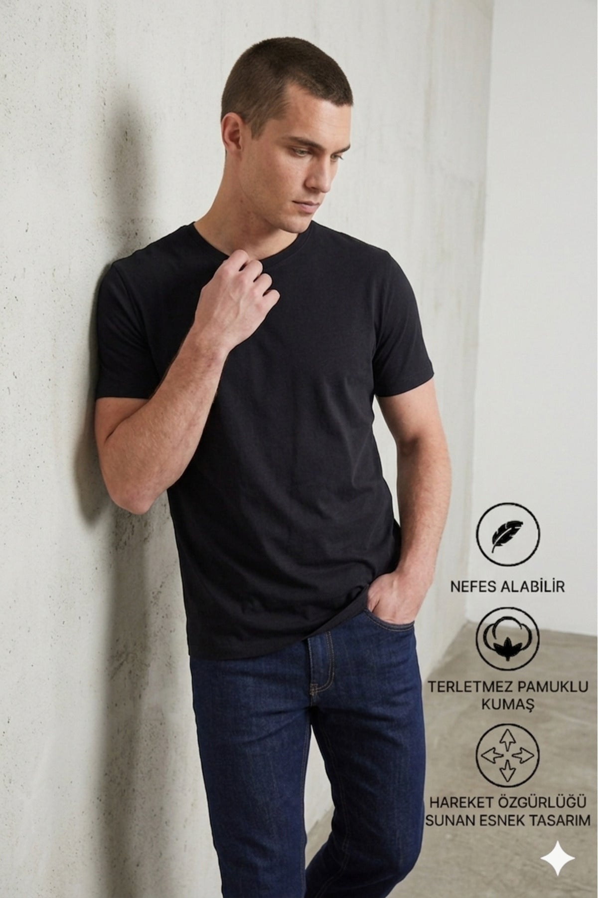 Erkek Slim Fit Bisiklet Yaka Kısa Kollu Yumuşak Tuşeli Basic Siyah Tişört