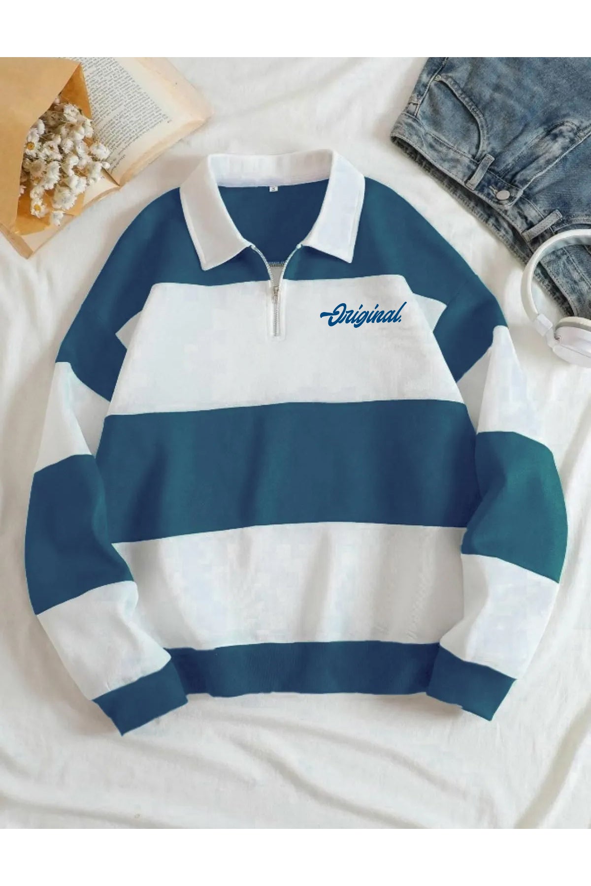 Original Unisex Kahverengi Çizgili Oversize Polo Yaka Yarım Fermuarlı Sweatshirt