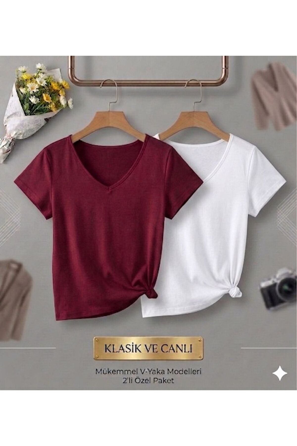 2 Adet Düz Regular Kalıp Kadın (V YAKA) T-Shirt