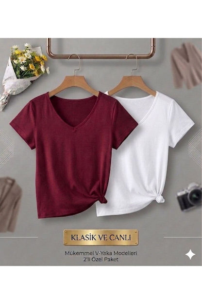 2 Adet Düz Regular Kalıp Kadın (V YAKA) T-Shirt