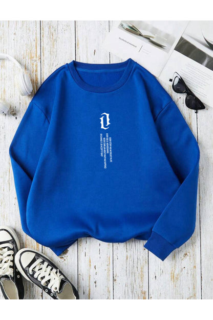UNISEX Dikey Yazı Baskılı Bisiklet Yaka OVERSIZE Sweatshirt
