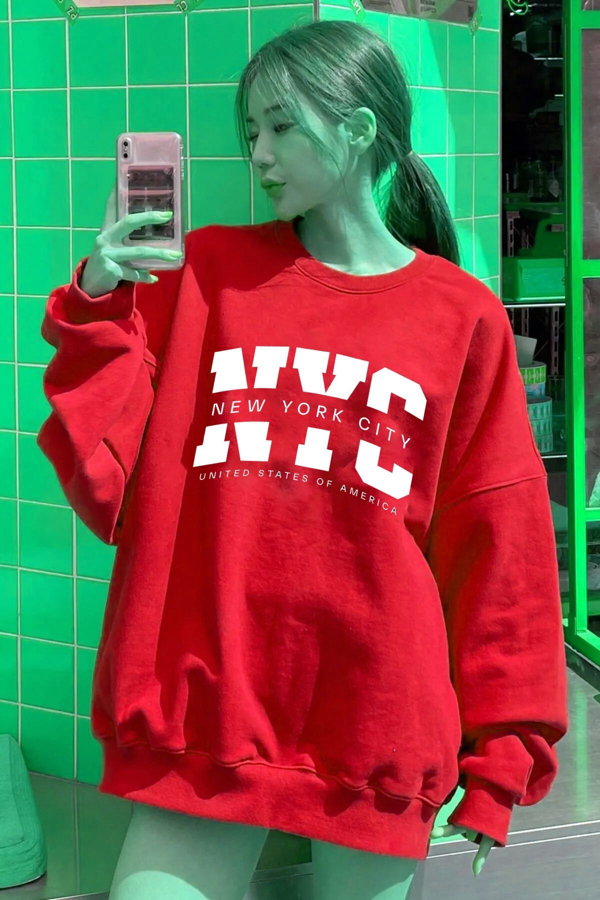 NYC Baskılı Bisiklet Yaka Sweatshirt