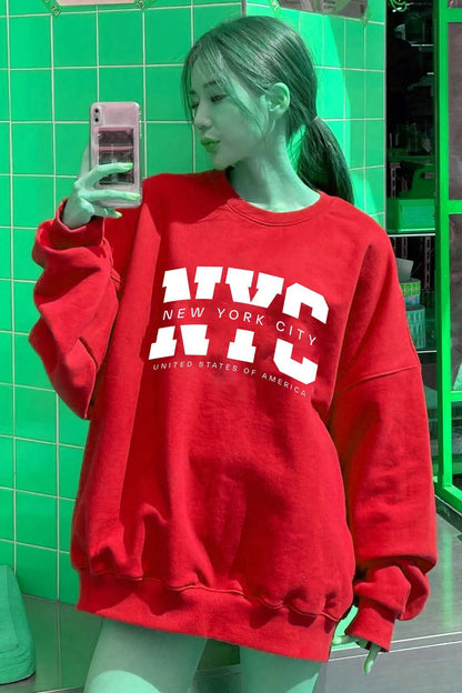 NYC Baskılı Bisiklet Yaka Sweatshirt