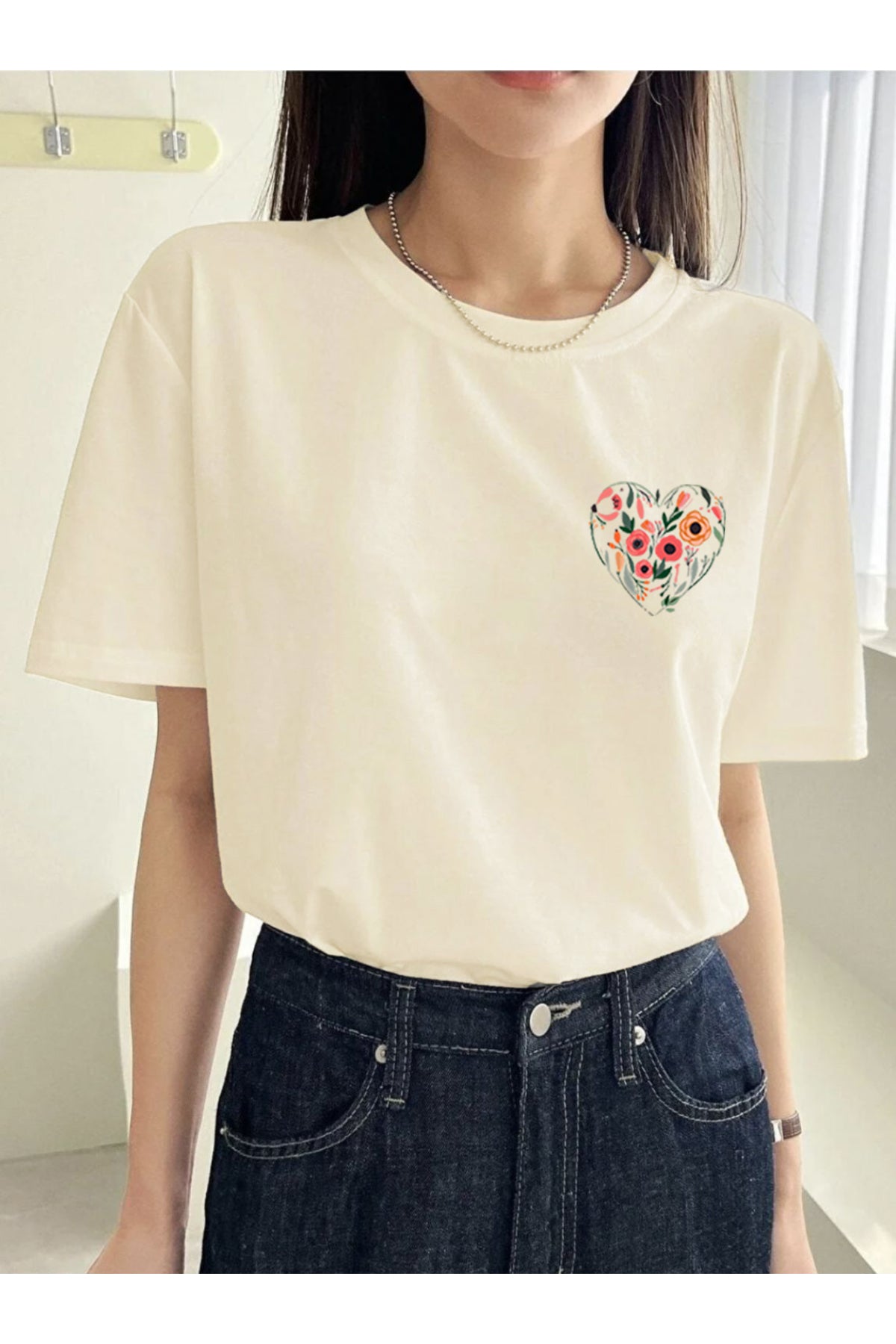 KALP ve Lale Baskılı Oversize Geniş Kalıp Pamuklu T-shirt Unisex