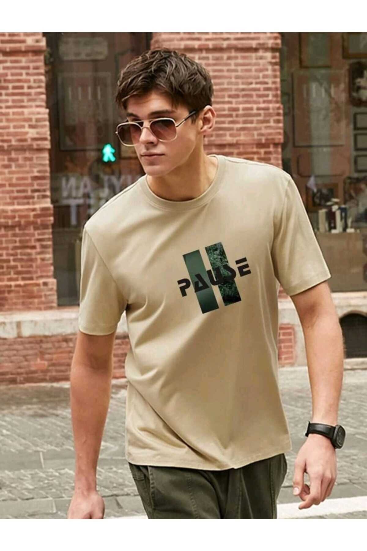 Pause Baskılı Erkek Bisiklet Yaka Pamuklu Tshirt
