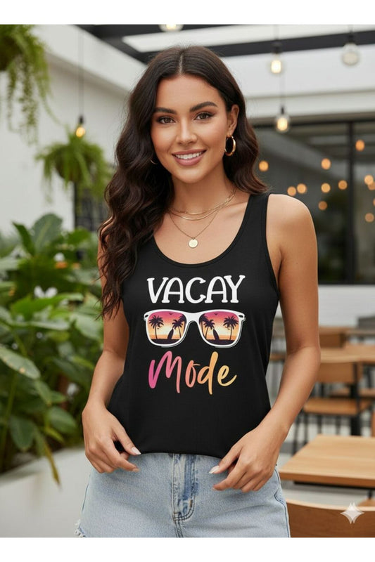 Vacay Mode Baskılı Kadın Siyah Omuzu Açık Askılı Yazlık Pamuklu T-shirt