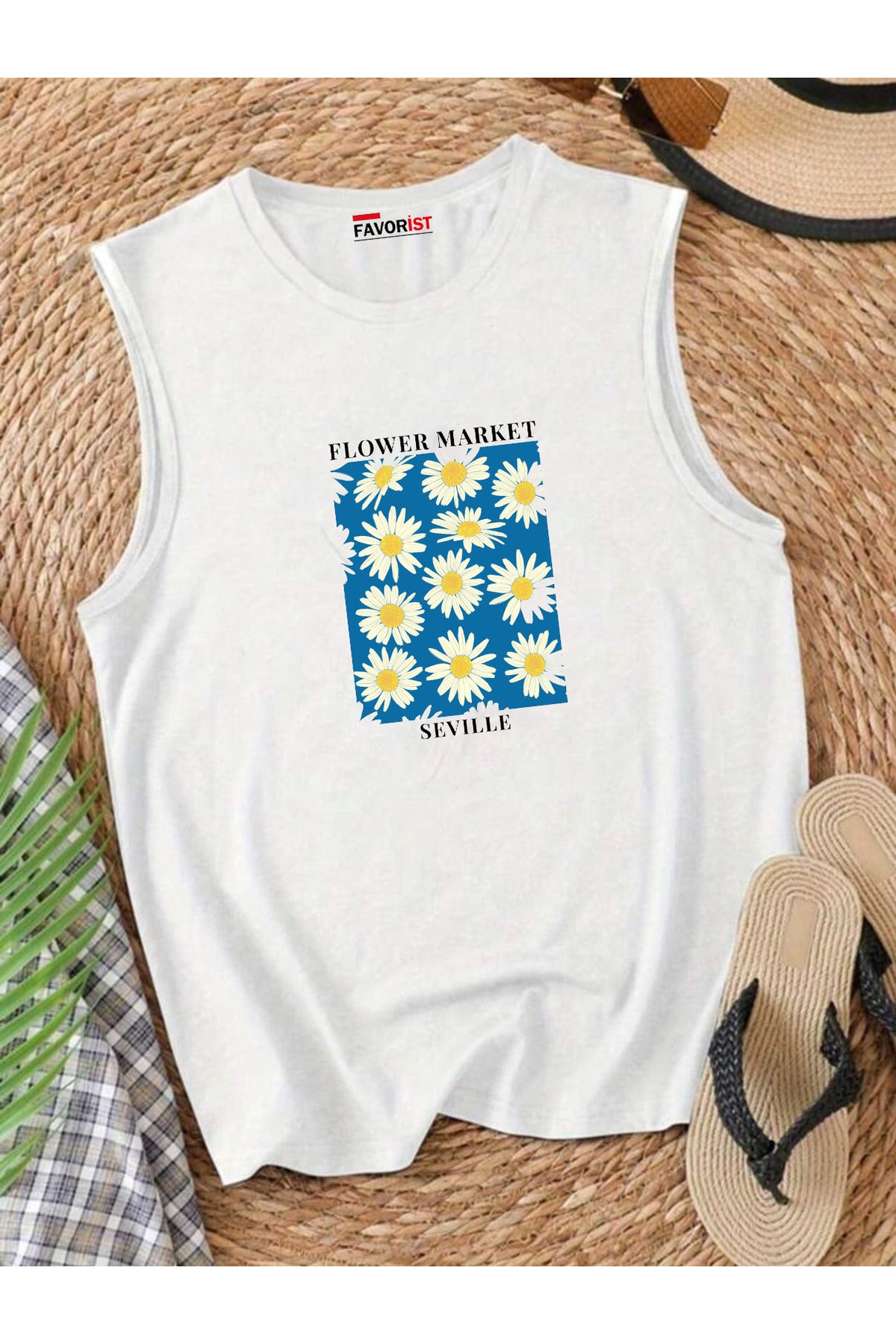 Şehrin Çiçekleri Omuzu Açık Kadın Pamuklu Kolsuz Yazlık T-shirt Atlet