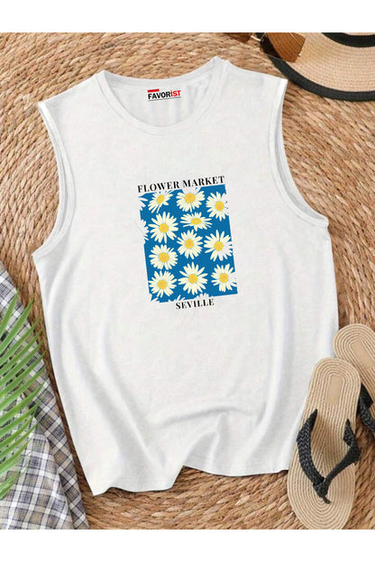 Şehrin Çiçekleri Omuzu Açık Kadın Pamuklu Kolsuz Yazlık T-shirt Atlet