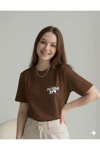 Sleepy Panda Baskılı Regular Kalıp Pamuklu Kadın Tshirt Tişört T-Shirt
